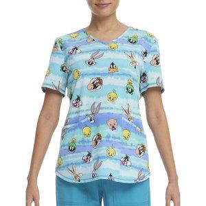 Scrubstar Women's Looney Tunes "Tie Dye Toons" V-Neck Print Scrub Top NWT